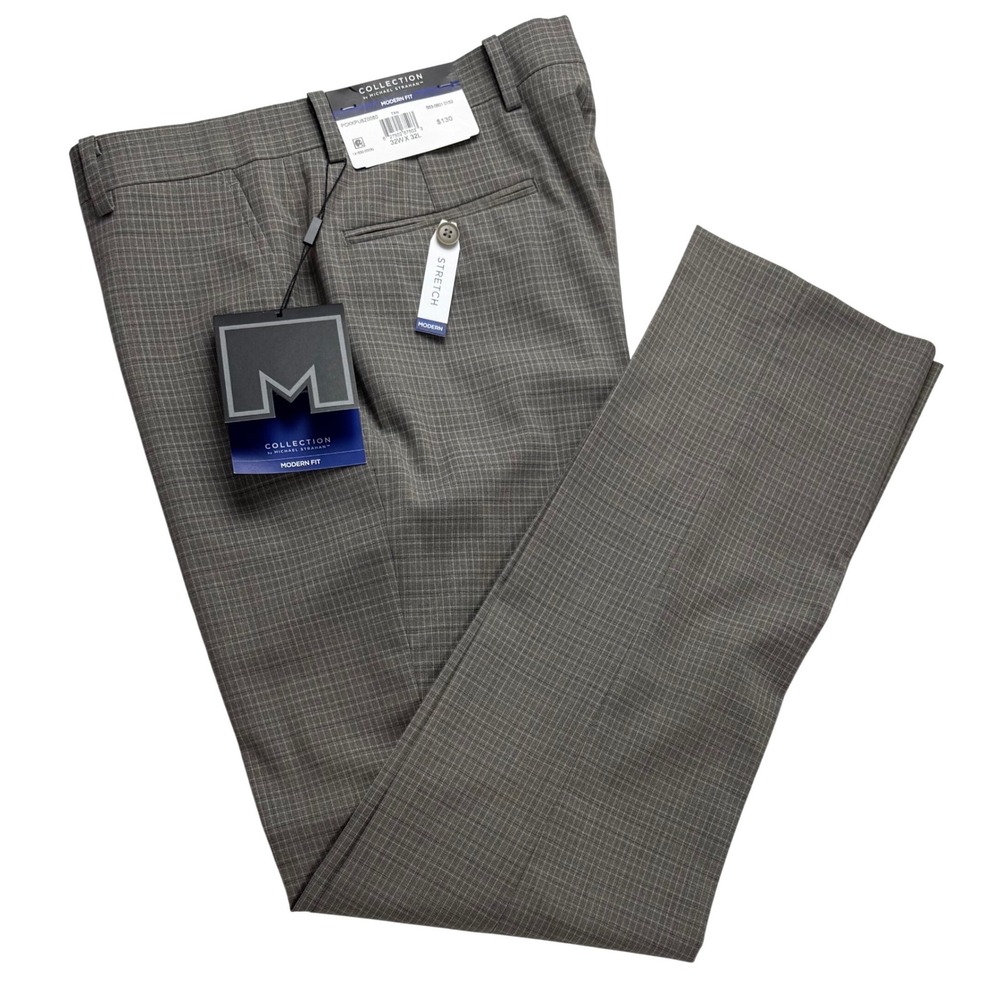 Michael Strahan Collection Tan Glen Plaid Modern Fit Stretch Dress Pants 32x32‎